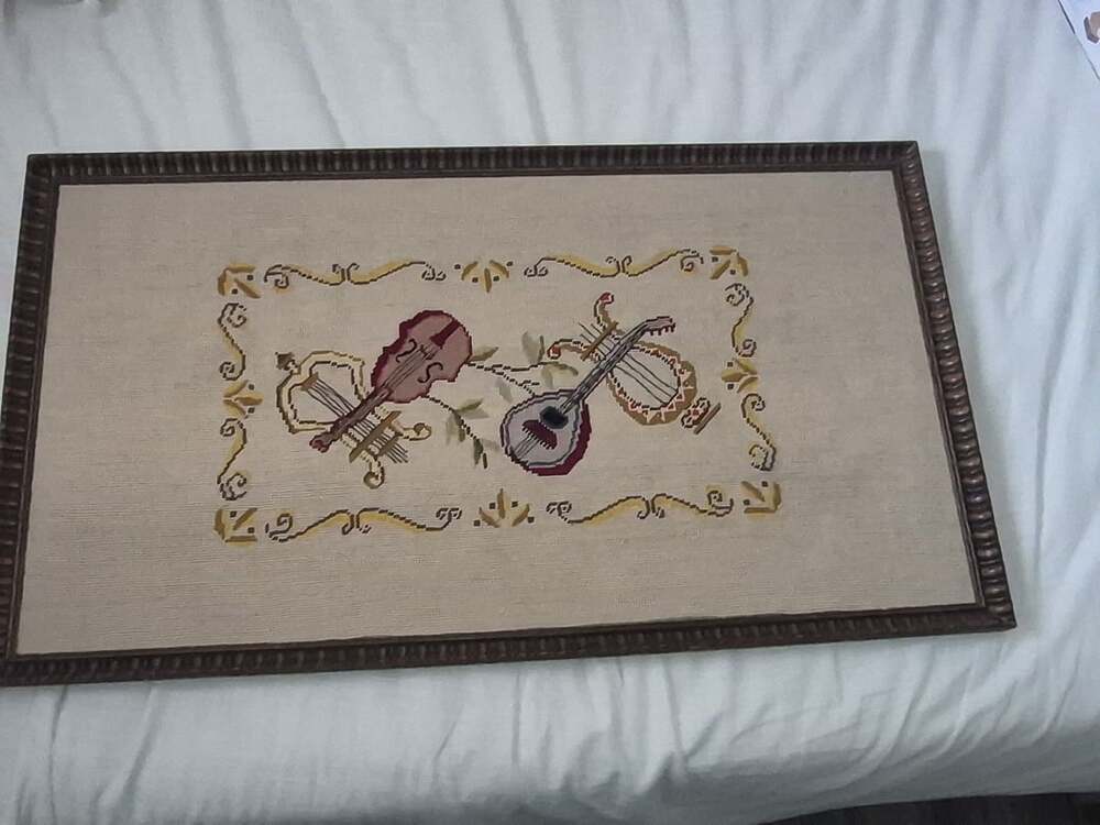 Vintage Framed Needlepoint Tapestry Musical Instruments Wall Art - Picture 2 of 3